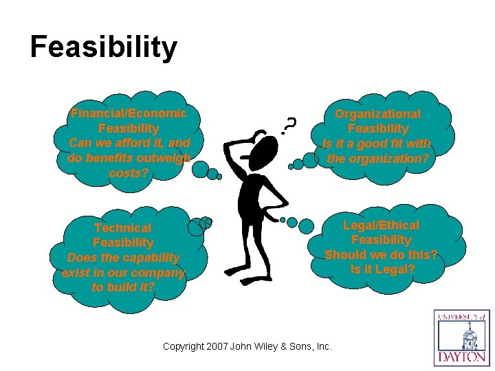 Feasibility Financial/Economic Feasibility Can we afford it, and do benefits outweigh costs? Technical Feasibility