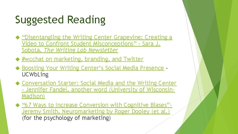 Suggested Reading “Disentangling the Writing Center Grapevine: Creating a Video to Confront Student Misconceptions”