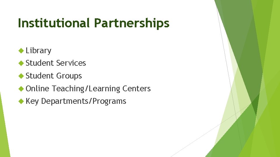 Institutional Partnerships Library Student Services Student Groups Online Key Teaching/Learning Centers Departments/Programs 