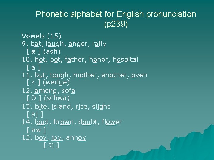 Phonetic alphabet for English pronunciation (p 239) Vowels (15) 9. bat, laugh, anger, rally