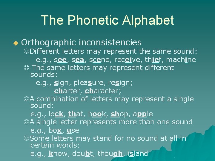 The Phonetic Alphabet u Orthographic inconsistencies Different letters may represent the same sound: e.