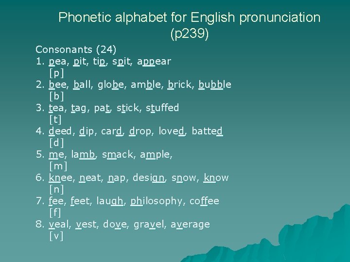 Phonetic alphabet for English pronunciation (p 239) Consonants (24) 1. pea, pit, tip, spit,