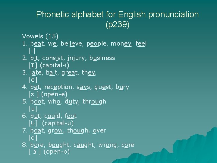 Phonetic alphabet for English pronunciation (p 239) Vowels (15) 1. beat, we, believe, people,