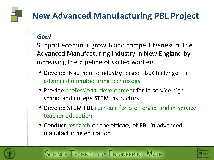 New Advanced Manufacturing PBL Project Goal Support economic growth and competitiveness of the Advanced