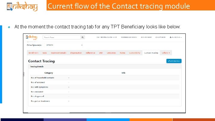 Current flow of the Contact tracing module ● At the moment the contact tracing