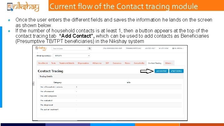 Current flow of the Contact tracing module ● ● Once the user enters the