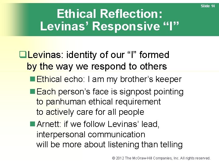 Ethical Reflection: Levinas’ Responsive “I” Slide 14 q. Levinas: identity of our “I” formed