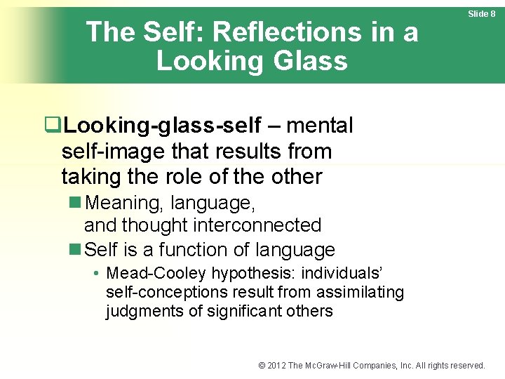 The Self: Reflections in a Looking Glass Slide 8 q. Looking-glass-self – mental self-image