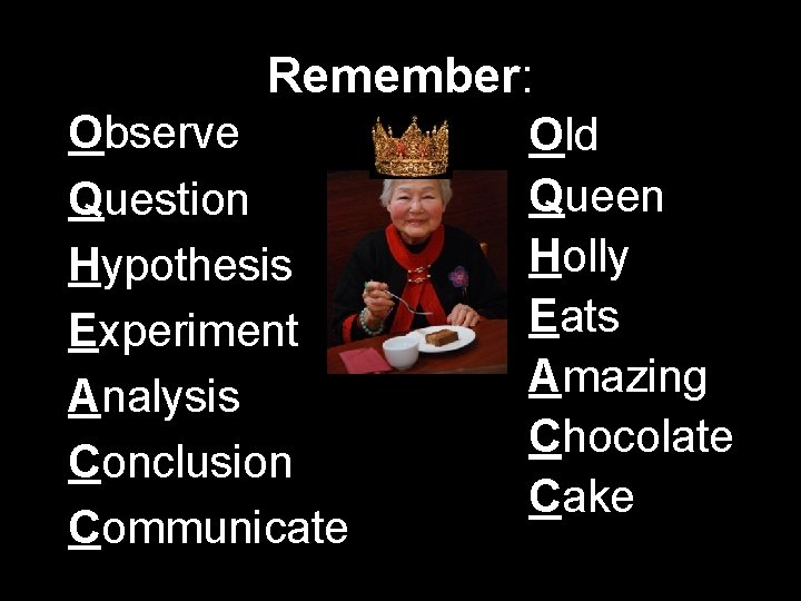 Remember: Observe Question Hypothesis Experiment Analysis Conclusion Communicate Old Queen Holly Eats Amazing Chocolate