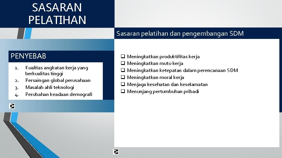 SASARAN PELATIHAN Sasaran pelatihan dan pengembangan SDM PENYEBAB 1. 2. 3. 4. Kualitas angkatan