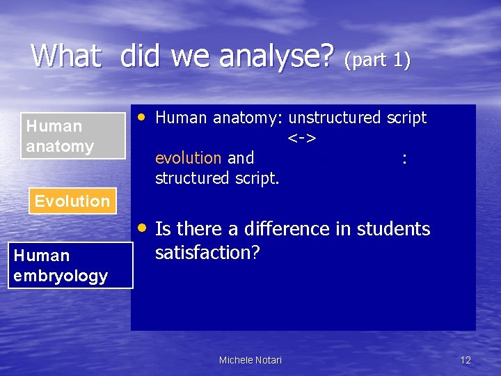 What did we analyse? (part 1) Human anatomy • Human anatomy: unstructured script <->