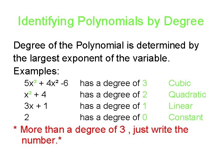 Identifying Polynomials by Degree of the Polynomial is determined by the largest exponent of Identifying Polynomials by Degree of the Polynomial is determined by the largest exponent of