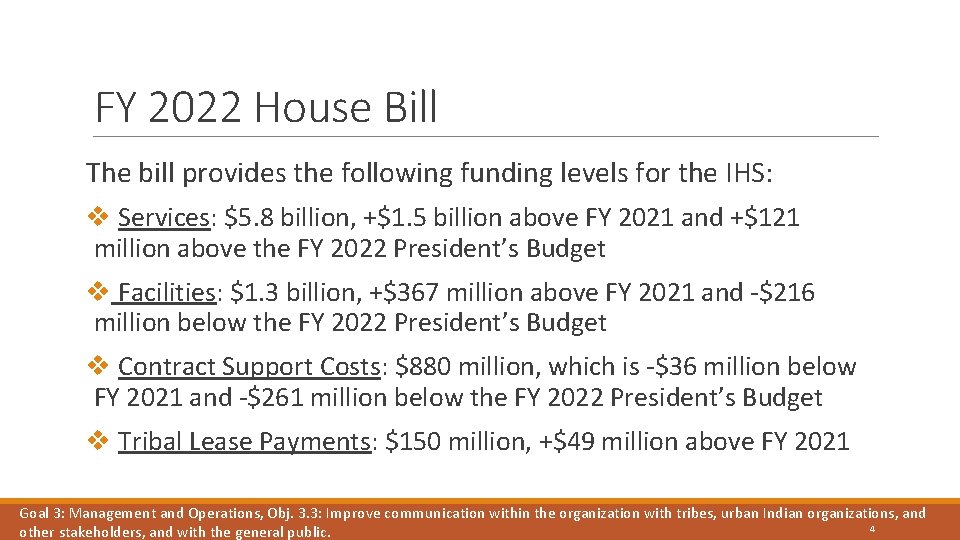 FY 2022 House Bill The bill provides the following funding levels for the IHS: