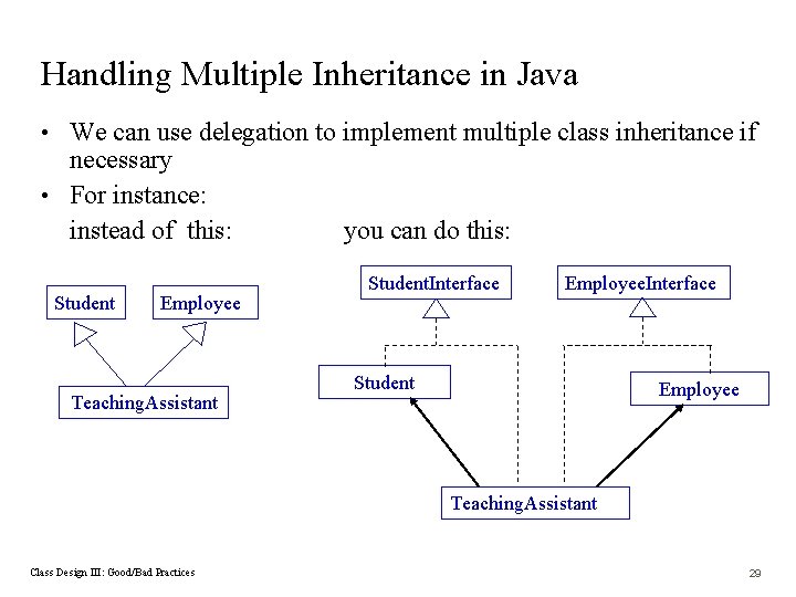 Handling Multiple Inheritance in Java • We can use delegation to implement multiple class