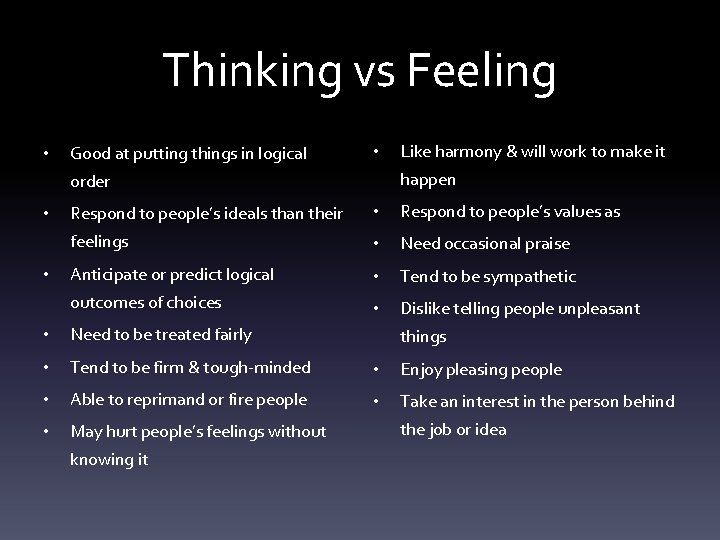 Thinking vs Feeling • Good at putting things in logical • happen order •