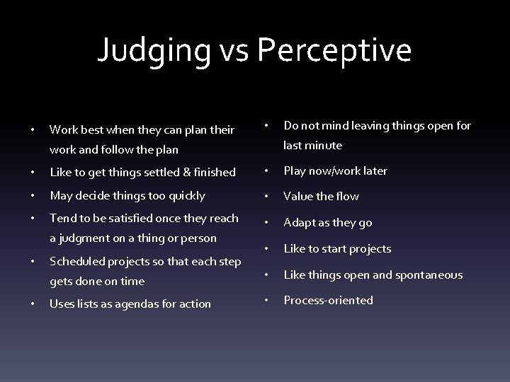 Judging vs Perceptive • Work best when they can plan their • Do not