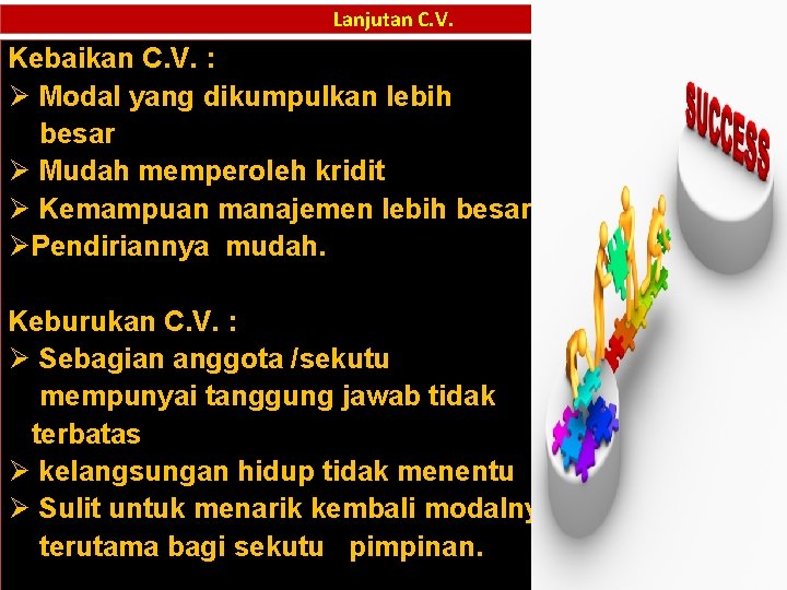 Lanjutan C. V. Kebaikan C. V. : Ø Modal yang dikumpulkan lebih besar Ø