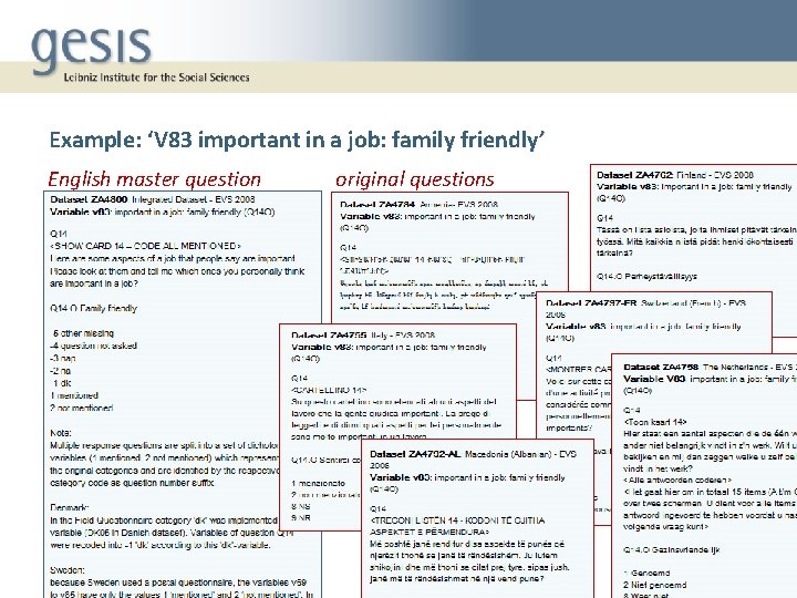 Example: ‘V 83 important in a job: family friendly’ English master question original questions