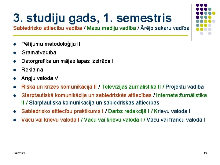 3. studiju gads, 1. semestris Sabiedrisko attiecību vadība / Masu mediju vadība / Ārējo