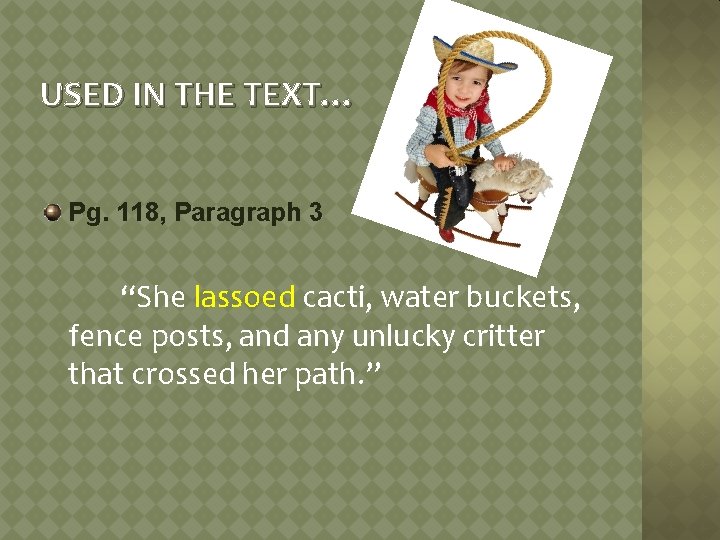 USED IN THE TEXT… Pg. 118, Paragraph 3 “She lassoed cacti, water buckets, fence