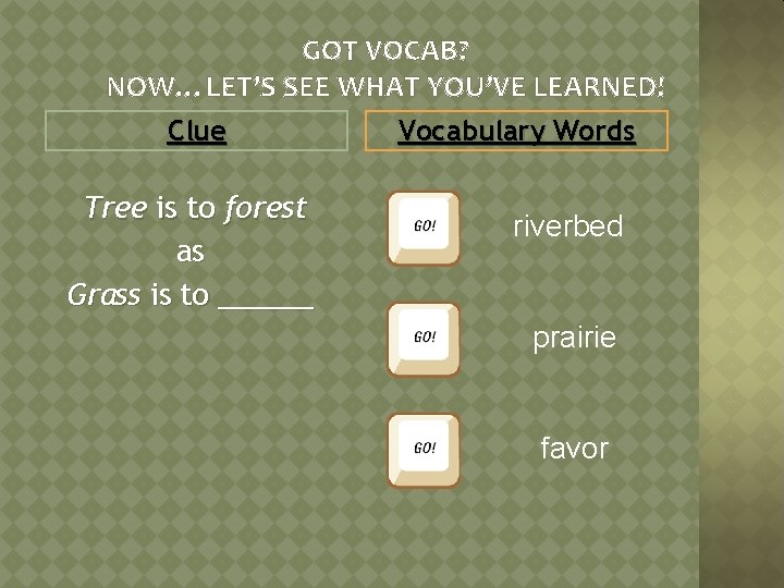 GOT VOCAB? NOW…LET’S SEE WHAT YOU’VE LEARNED! Clue Tree is to forest as Grass