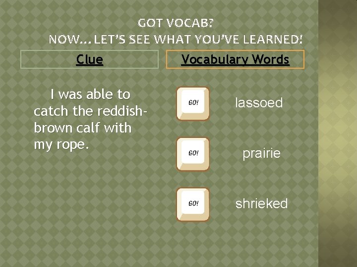 GOT VOCAB? NOW…LET’S SEE WHAT YOU’VE LEARNED! Clue I was able to catch the