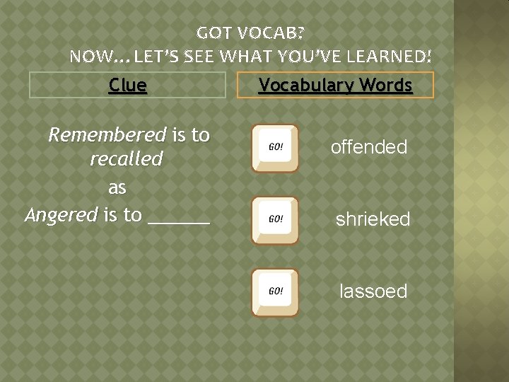 GOT VOCAB? NOW…LET’S SEE WHAT YOU’VE LEARNED! Clue Remembered is to recalled as Angered