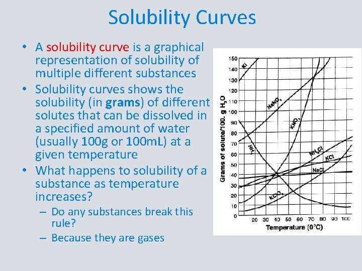 Solubility Curves • A solubility curve is a graphical representation of solubility of multiple