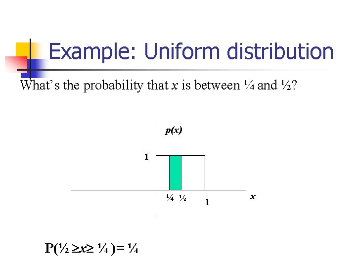 Example: Uniform distribution What’s the probability that x is between ¼ and ½? p(x)