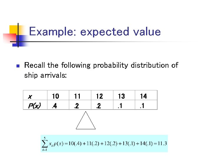 Example: expected value n Recall the following probability distribution of ship arrivals: x P(x)