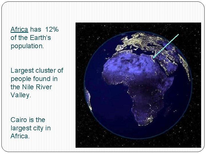 Africa has 12% of the Earth’s population. Largest cluster of people found in the