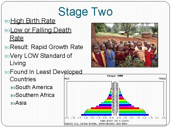  High Birth Rate Stage Two Low or Falling Death Rate Result: Rapid Growth