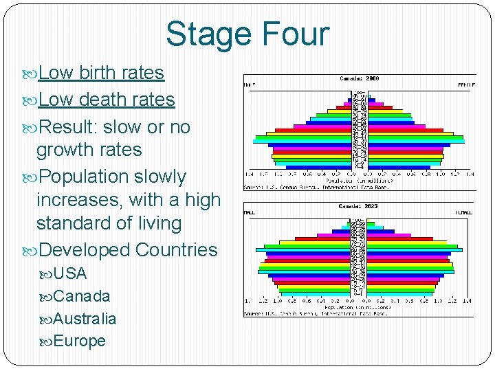Stage Four Low birth rates Low death rates Result: slow or no growth rates