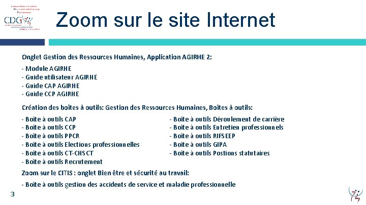 Zoom sur le site Internet Onglet Gestion des Ressources Humaines, Application AGIRHE 2: -