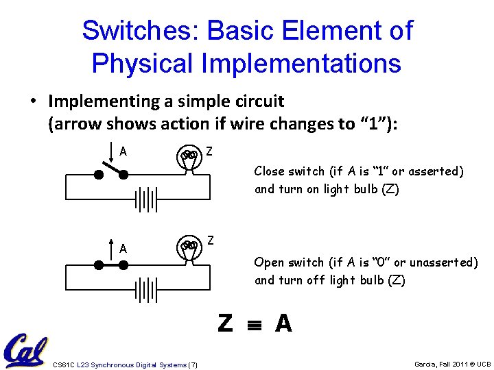 Switches: Basic Element of Physical Implementations • Implementing a simple circuit (arrow shows action