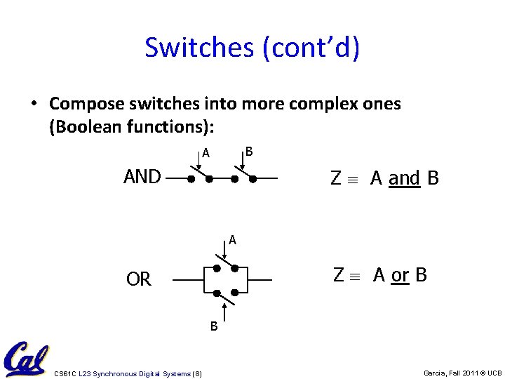 Switches (cont’d) • Compose switches into more complex ones (Boolean functions): B A AND