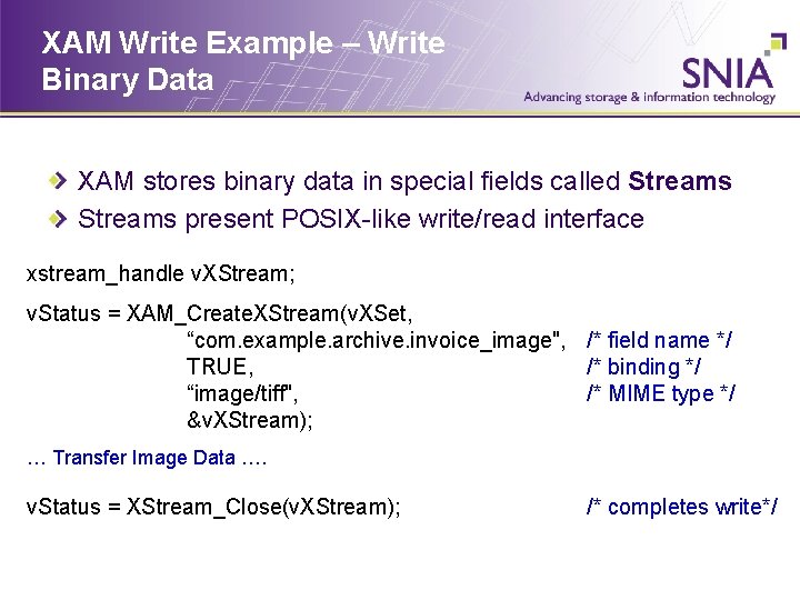 XAM Write Example – Write Binary Data XAM stores binary data in special fields