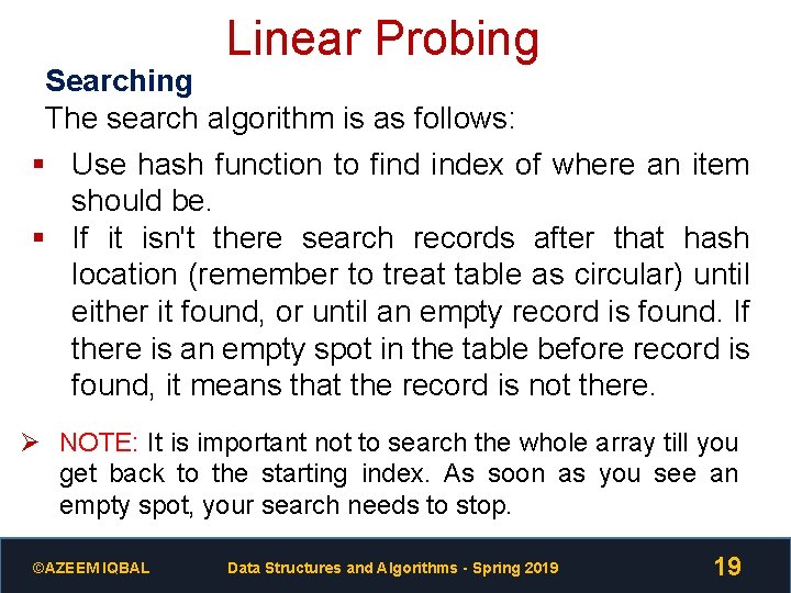 Linear Probing Searching The search algorithm is as follows: § Use hash function to