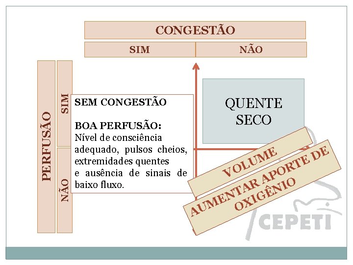 CONGESTÃO SIM NÃO PERFUSÃO SIM SEM CONGESTÃO BOA PERFUSÃO: Nível de consciência adequado, pulsos