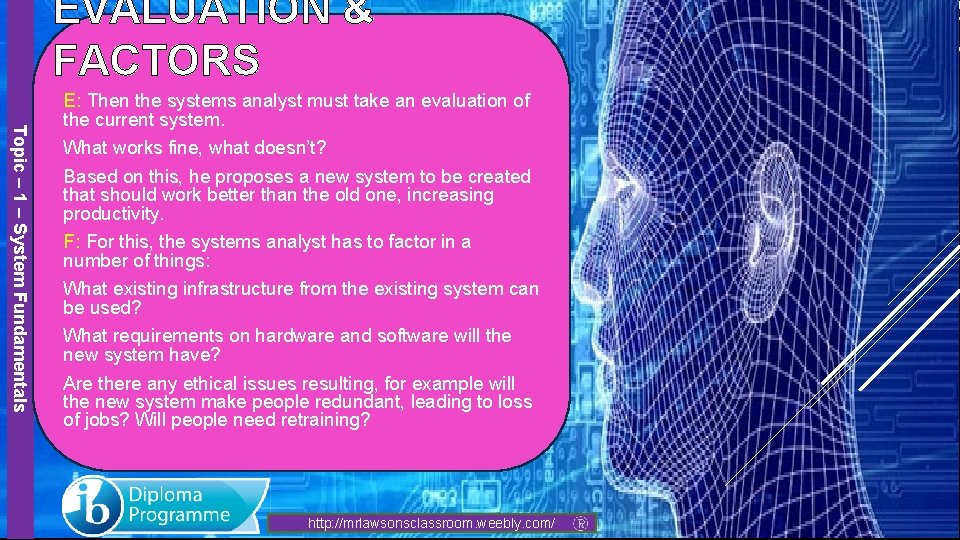 EVALUATION & FACTORS Topic – 1 – System Fundamentals E: Then the systems analyst EVALUATION & FACTORS Topic – 1 – System Fundamentals E: Then the systems analyst