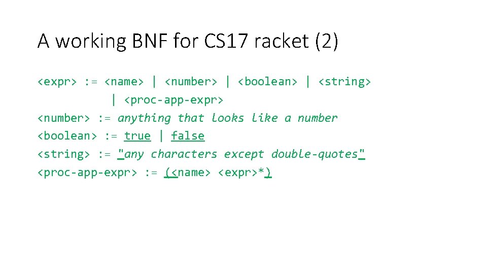 A working BNF for CS 17 racket (2) <expr> : = <name> | <number> A working BNF for CS 17 racket (2) <expr> : = <name> | <number>