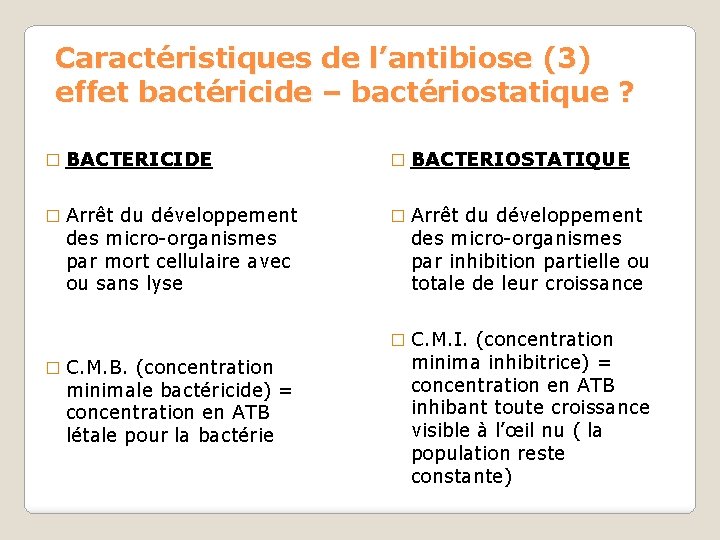 Caractéristiques de l’antibiose (3) effet bactéricide – bactériostatique ? � BACTERICIDE � BACTERIOSTATIQUE �