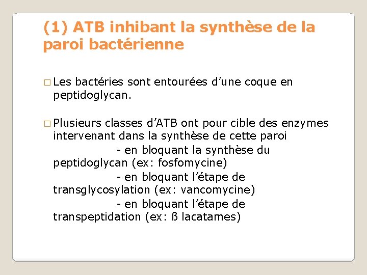 (1) ATB inhibant la synthèse de la paroi bactérienne � Les bactéries sont entourées