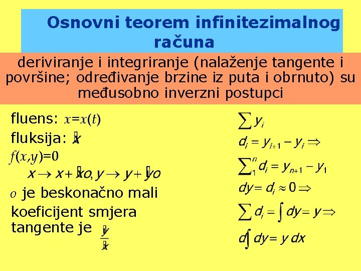 Osnovni teorem infinitezimalnog računa deriviranje i integriranje (nalaženje tangente i površine; određivanje brzine iz