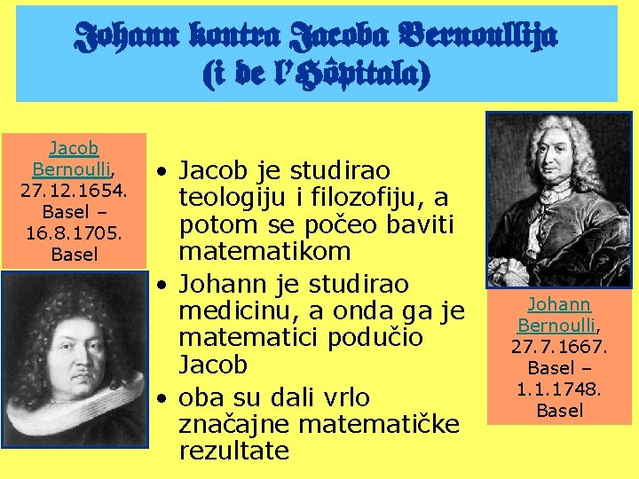 Johann kontra Jacoba Bernoullija (i de l’Hôpitala) Jacob Bernoulli, 27. 12. 1654. Basel –