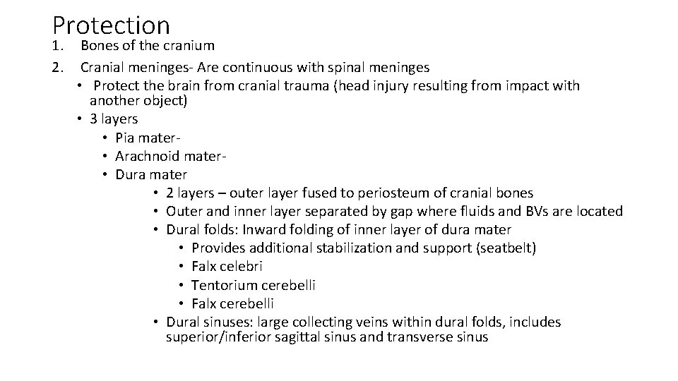 Protection 1. 2. Bones of the cranium Cranial meninges- Are continuous with spinal meninges