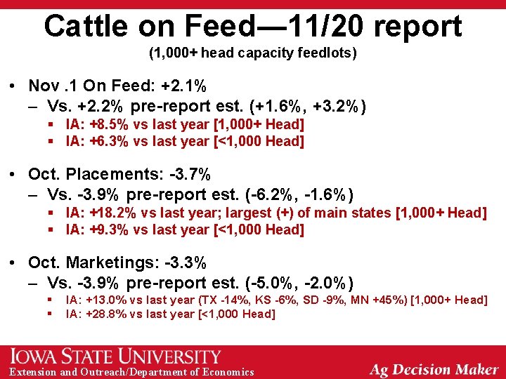 Cattle on Feed― 11/20 report (1, 000+ head capacity feedlots) • Nov. 1 On