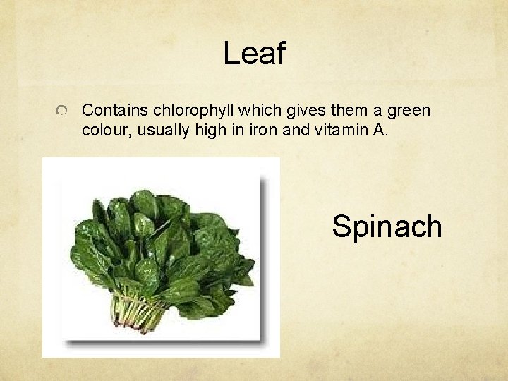 Leaf Contains chlorophyll which gives them a green colour, usually high in iron and