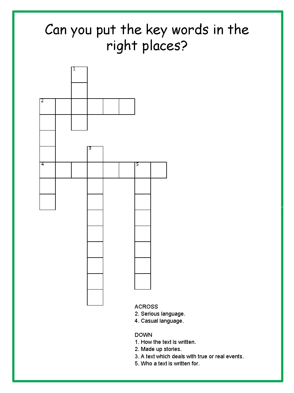 Can you put the key words in the right places? ACROSS 2. Serious language.