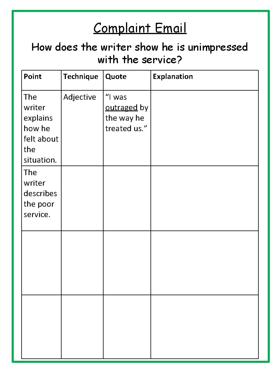 Complaint Email How does the writer show he is unimpressed with the service? Point